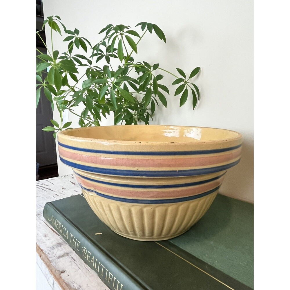 Vintage Large Yellow Ware Bowl With Orange And Blue Stripes Farmhouse Country